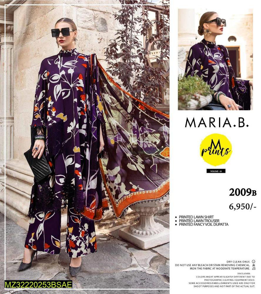 Mariab 3 Pcs women unstitched lawn printed suit