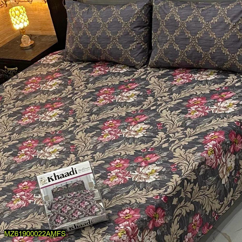 Khaddi 3pcs cotton printed double bed sheets