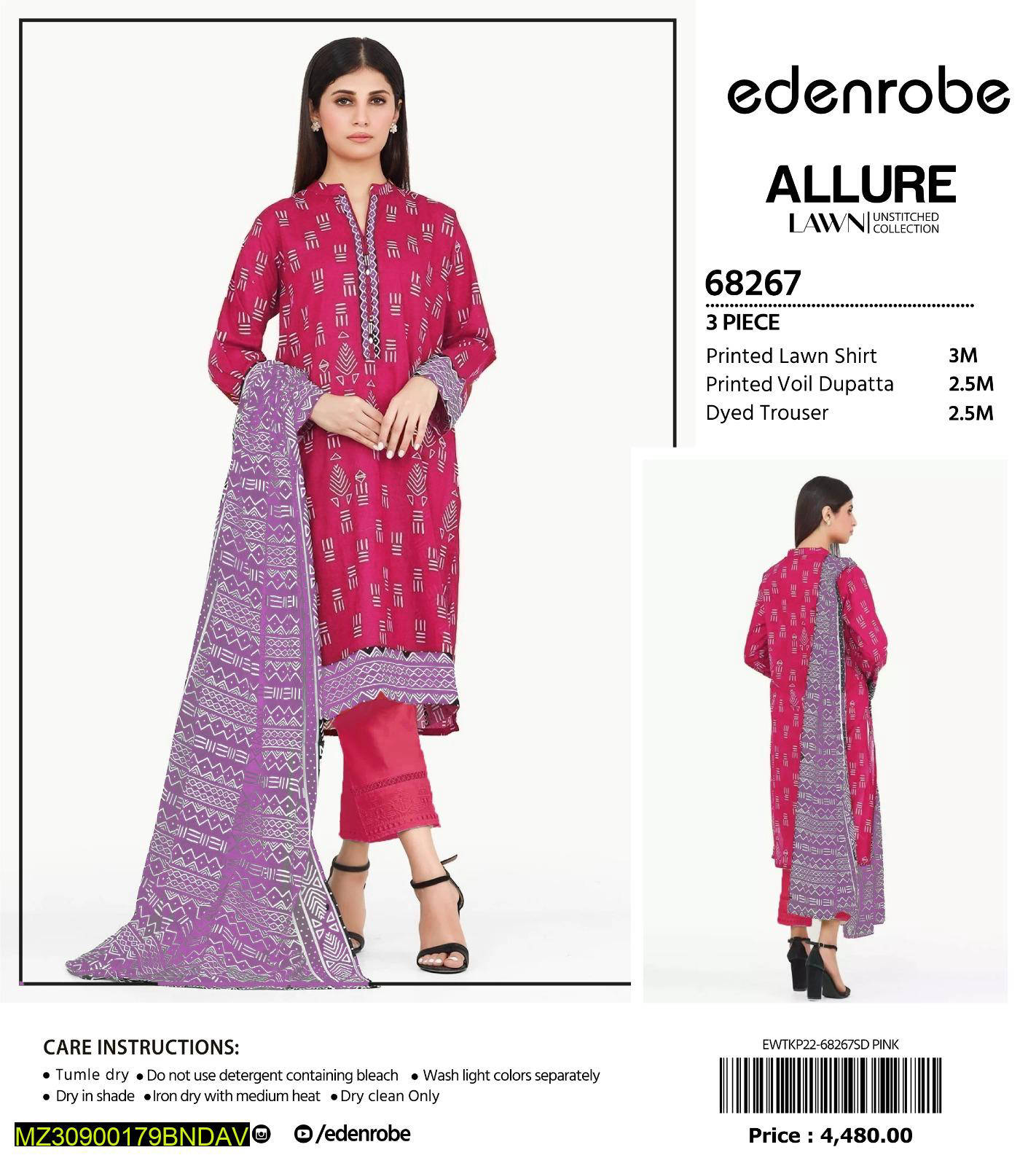 Endenrobe 3 Pcs women unstitched lawn printed suit